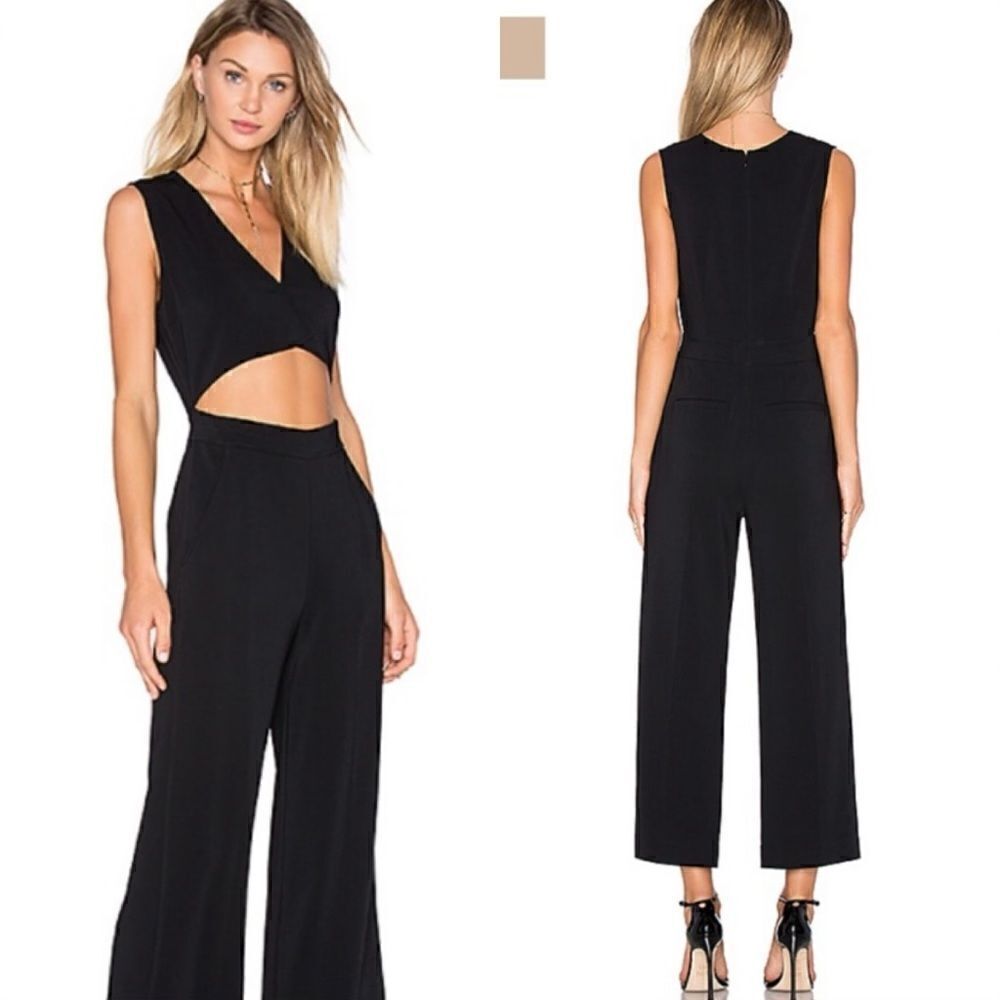 A.L.C. Aurora Black Jumpsuit Wide Leg  Cutout Open Front V Neck Size 6